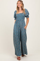 Teal Floral Smocked Puff Sleeve Jumpsuit