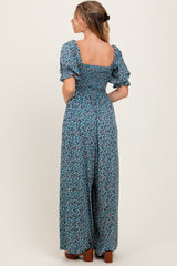 Teal Floral Smocked Puff Sleeve Jumpsuit