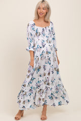White Floral Sweetheart Puff Sleeve Maternity Maxi Dress