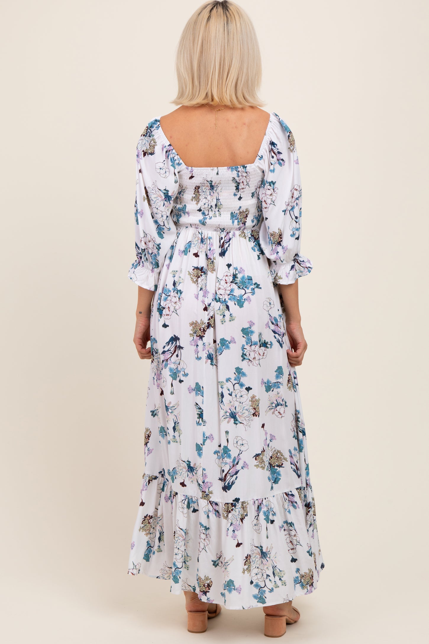 White Floral Sweetheart Puff Sleeve Maternity Maxi Dress