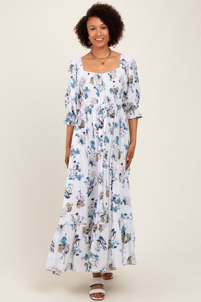 White Floral Sweetheart Puff Sleeve Maxi Dress