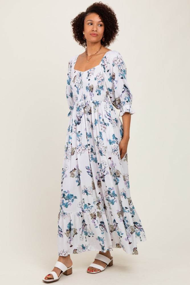 White Floral Sweetheart Puff Sleeve Maxi Dress