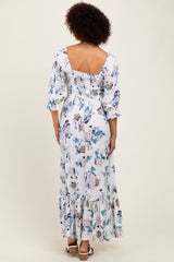 White Floral Sweetheart Puff Sleeve Maxi Dress