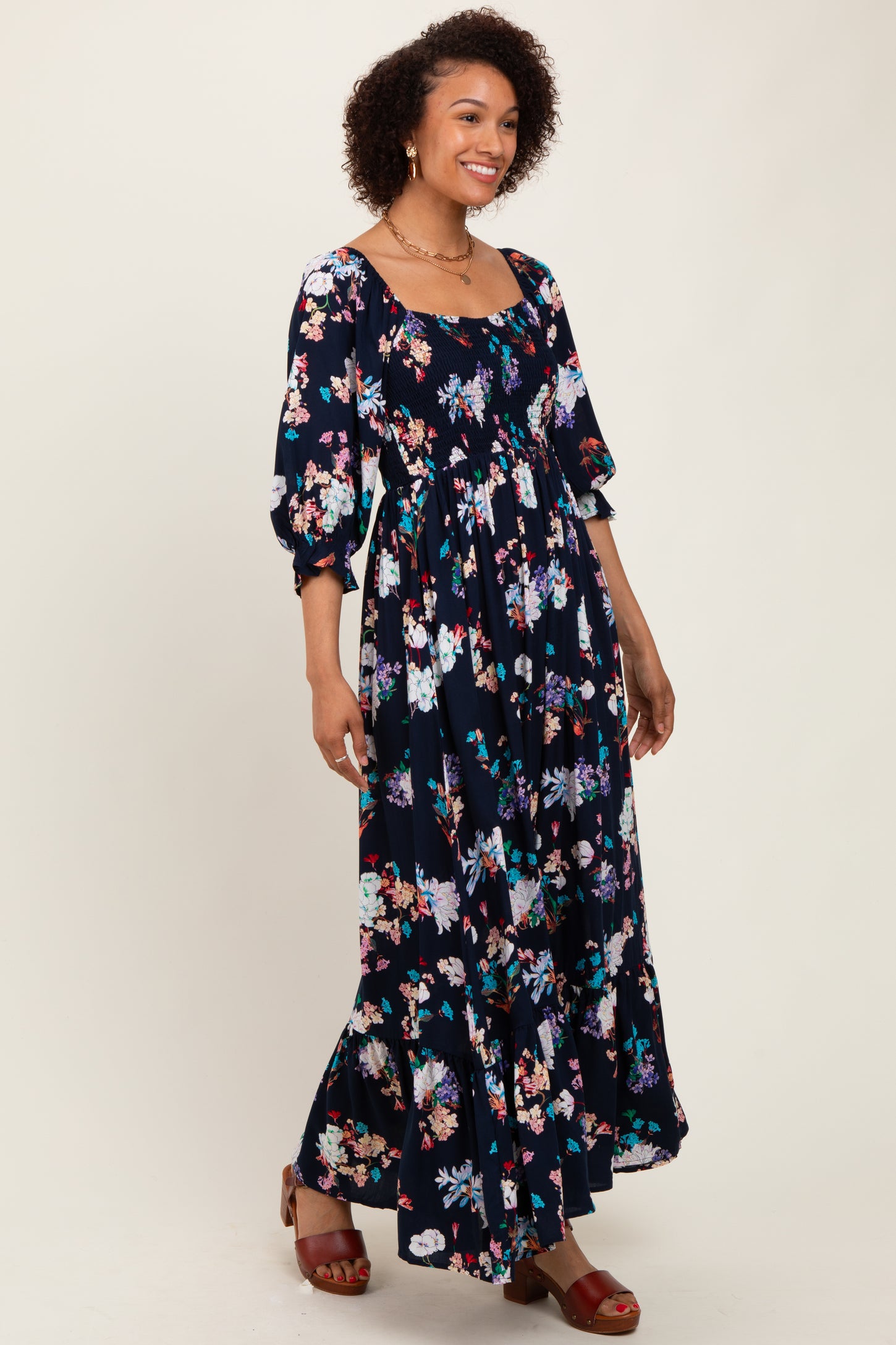 Navy Floral Sweetheart Puff Sleeve Maxi Dress