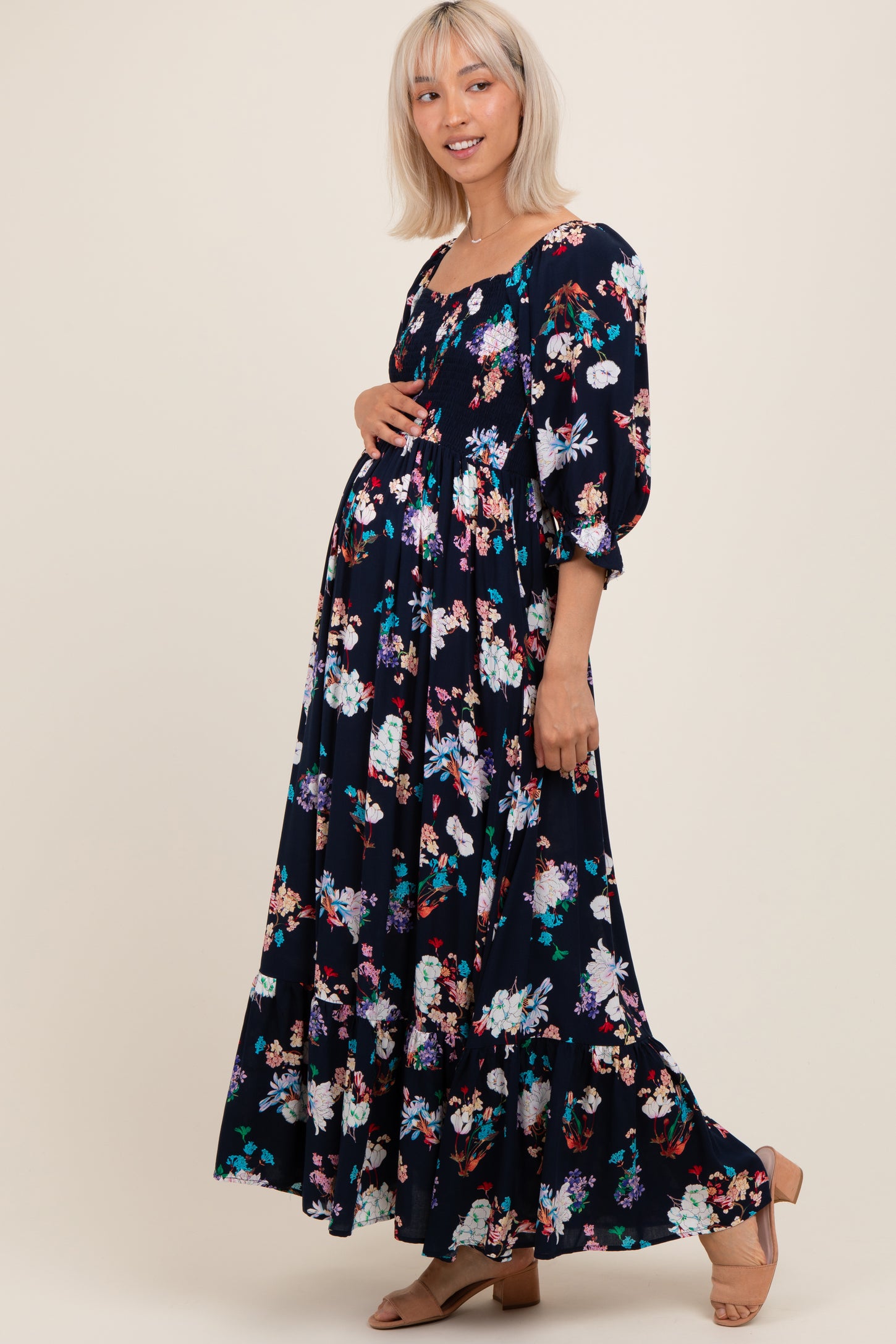 Navy Floral Sweetheart Puff Sleeve Maternity Maxi Dress