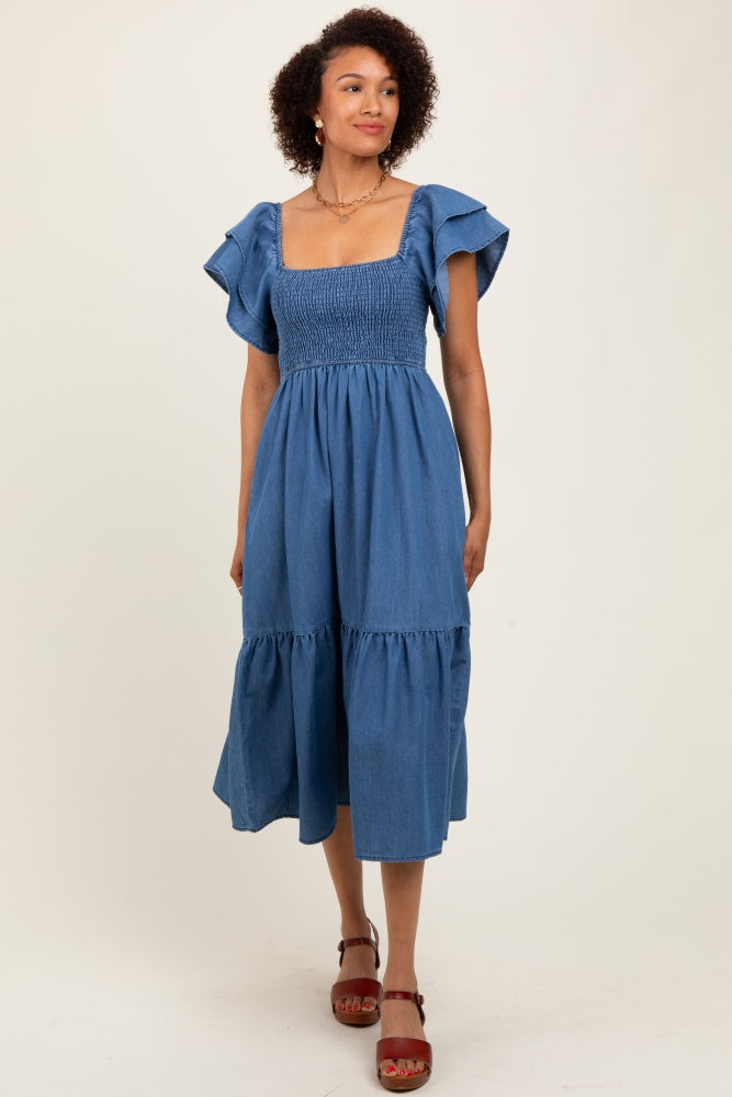 Blue Chambray Smocked Flutter Sleeve Maternity Dress