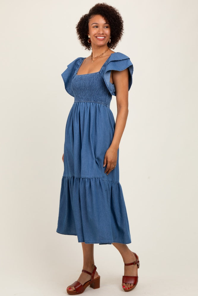 Blue Chambray Smocked Flutter Sleeve Dress