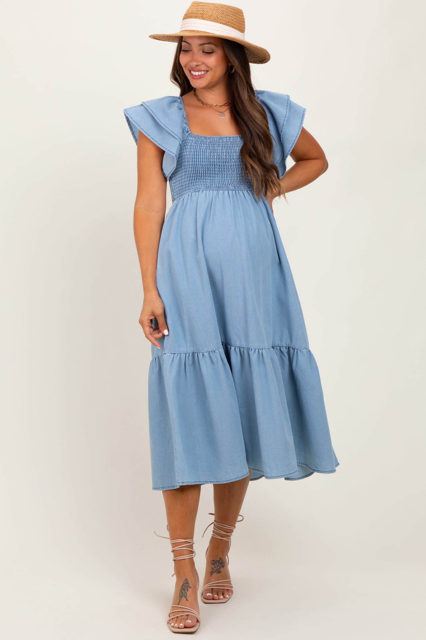 Light Blue Chambray Smocked Flutter Sleeve Maternity Dress