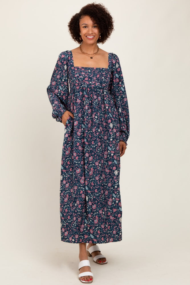 Navy Blue Floral Pleated Bust Long Sleeve Maternity Maxi Dress