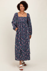 Navy Blue Floral Pleated Bust Long Sleeve Maternity Maxi Dress