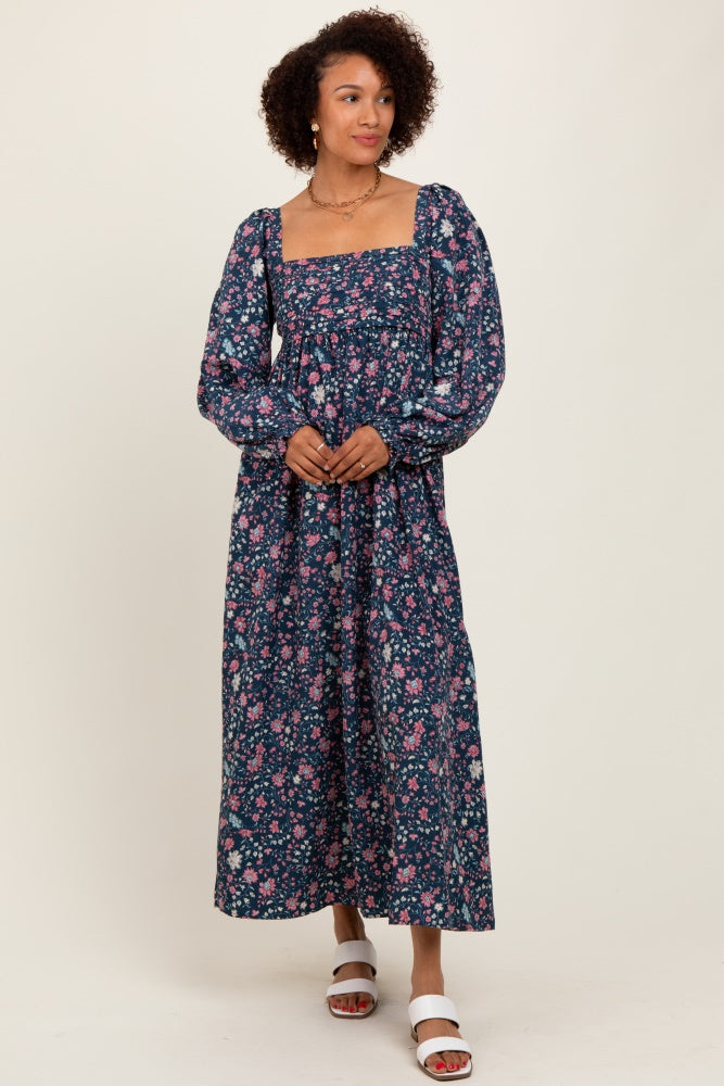 Navy Blue Floral Pleated Bust Long Sleeve Maxi Dress