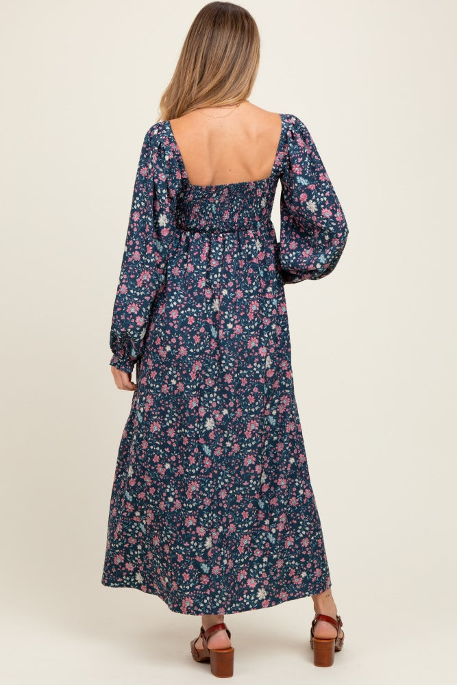 Navy Blue Floral Pleated Bust Long Sleeve Maternity Maxi Dress