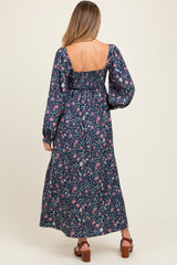 Navy Blue Floral Pleated Bust Long Sleeve Maternity Maxi Dress