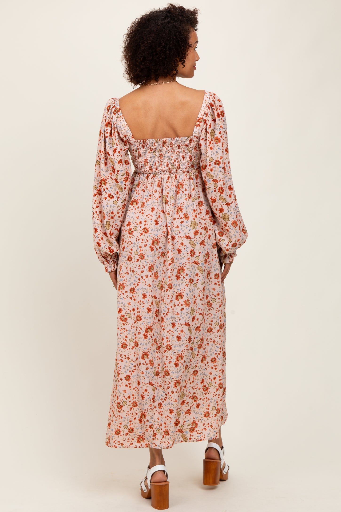 Cream Floral Pleated Bust Long Sleeve Maxi Dress