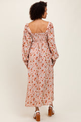 Cream Floral Pleated Bust Long Sleeve Maxi Dress