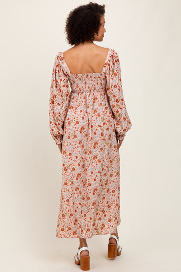 Cream Floral Pleated Bust Long Sleeve Maxi Dress