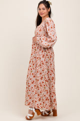 Cream Floral Pleated Bust Long Sleeve Maternity Maxi Dress