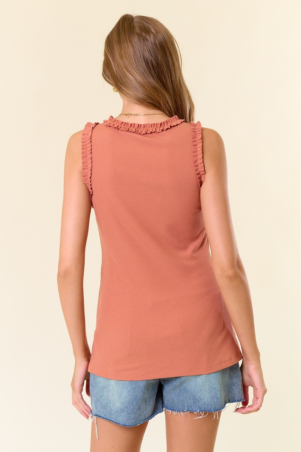 Peach Rib Knit Ruffle Trim Sleeveless Top