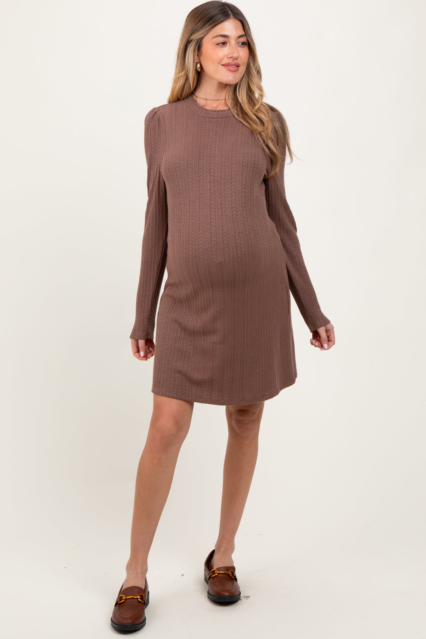 Mocha Textured Knit Ruffle Neck Long Sleeve Maternity Mini Dress