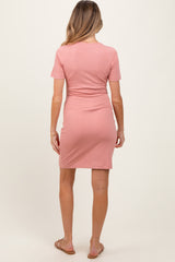 Mauve Ribbed Short Sleeve Henley Maternity Dress
