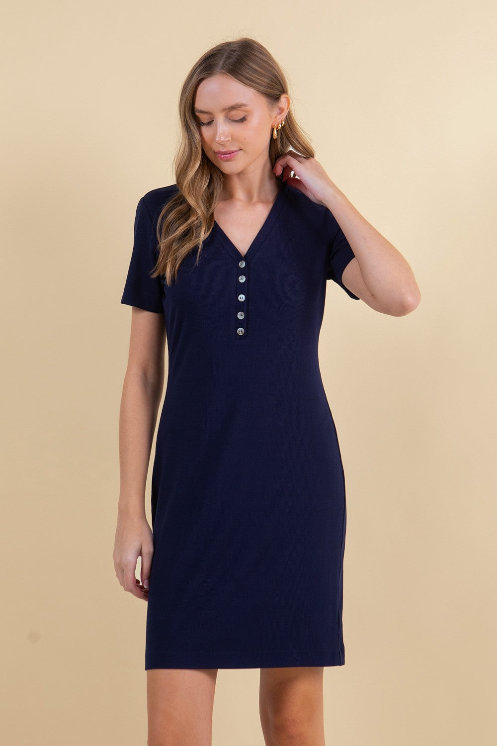 Navy Ribbed Short Sleeve Henley Dress
