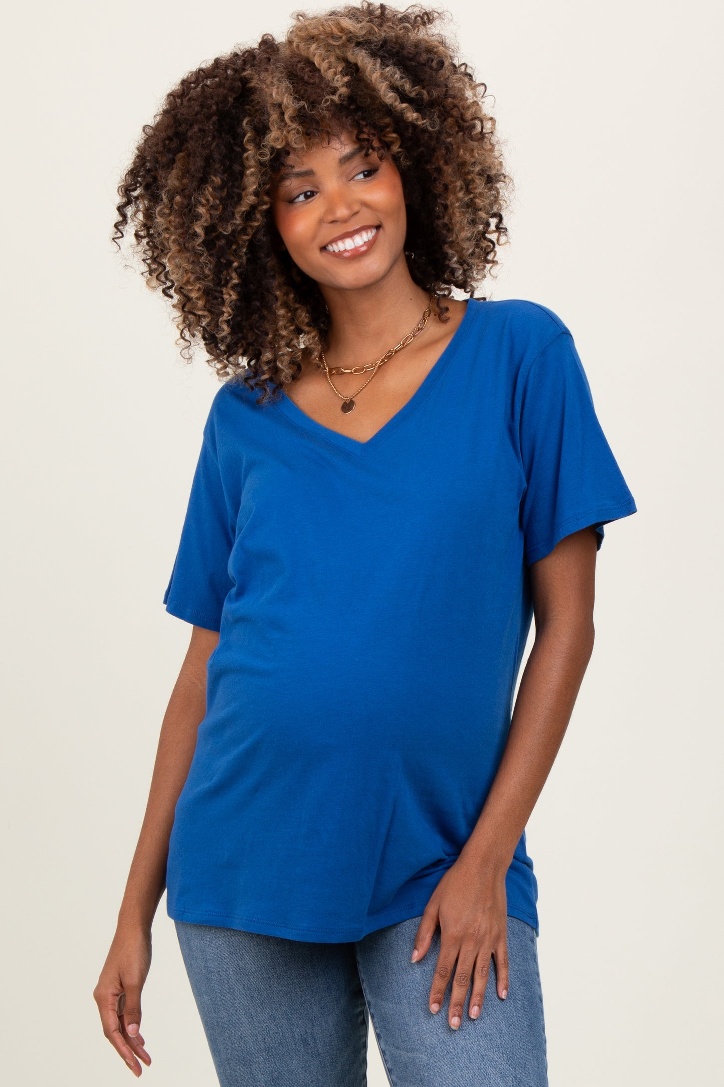 Royal Blue Oversized V-Neck Short Sleeve Maternity Tee