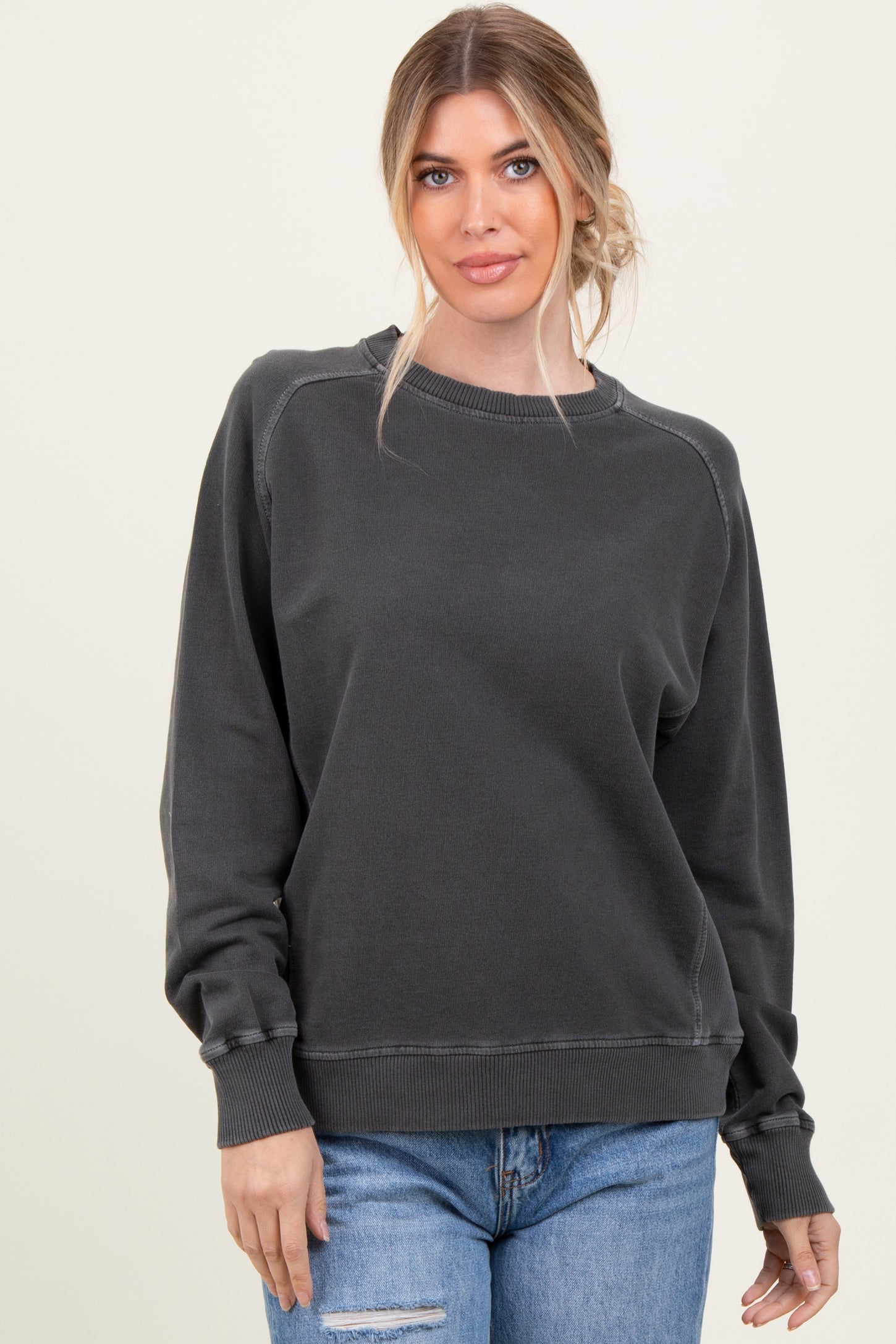 Black French Terry Vintage Wash Maternity Pullover