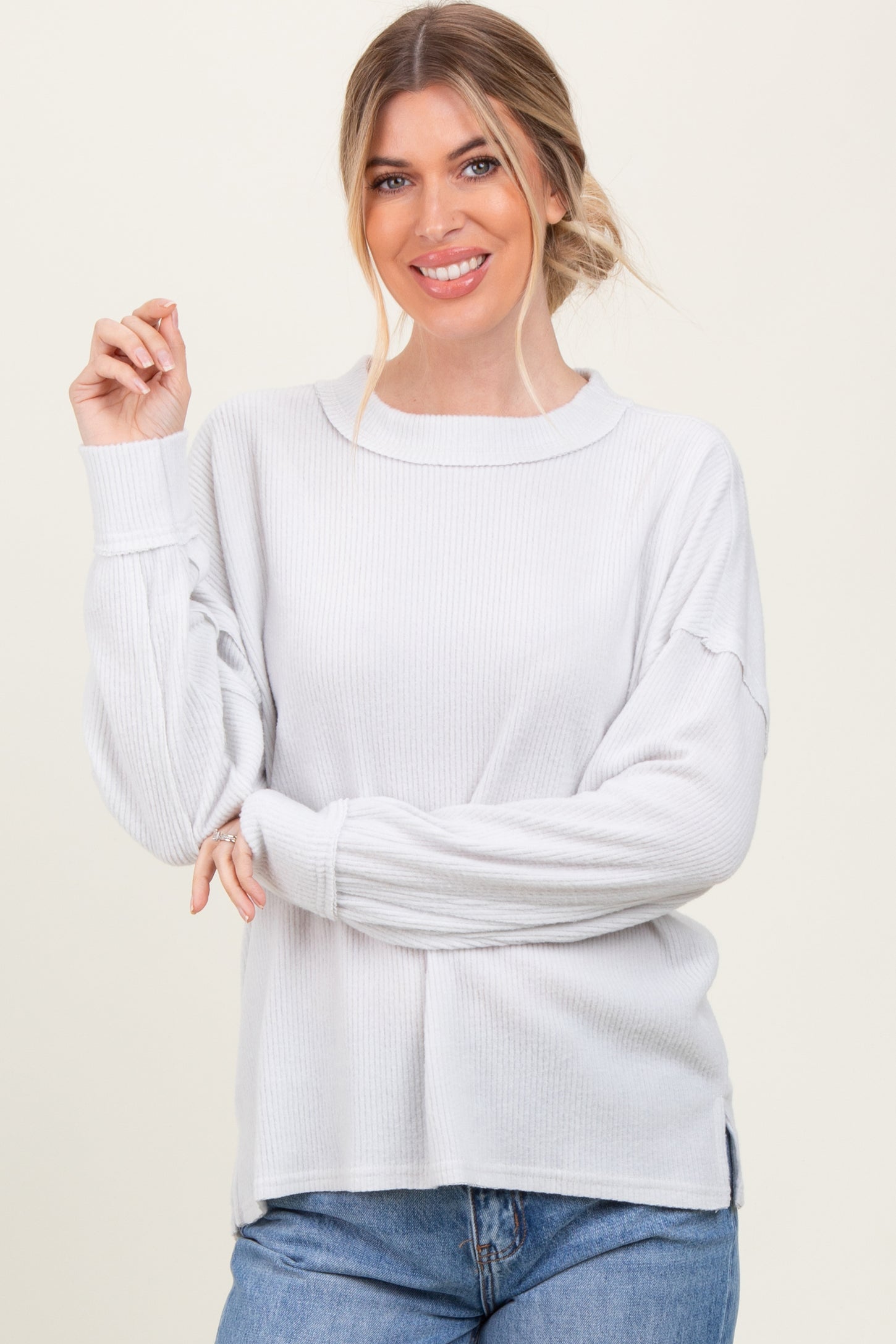 Ivory Brushed Ribbed Knit Pullover