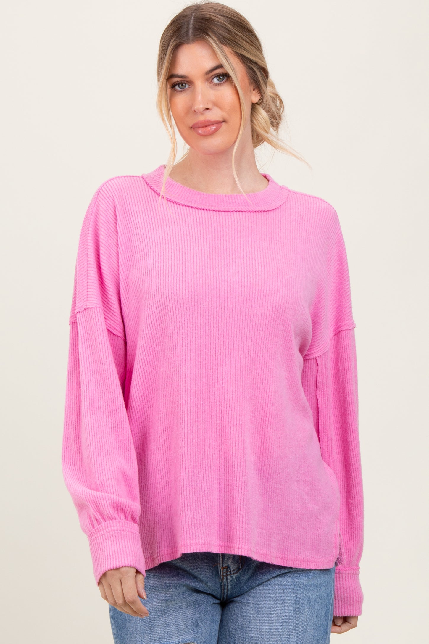 Pink Brushed Ribbed Knit Maternity Pullover
