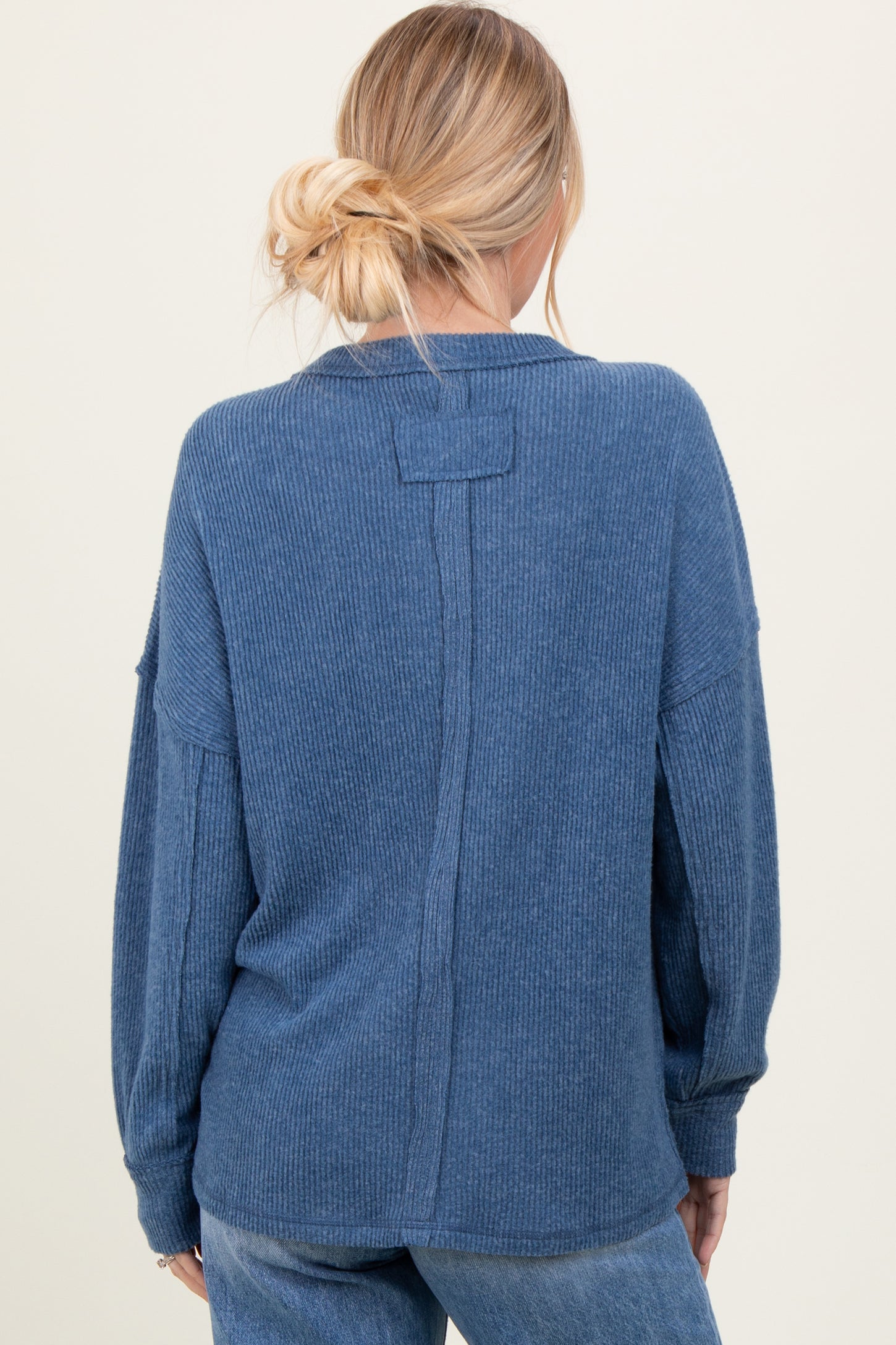 Blue Brushed Ribbed Knit Pullover