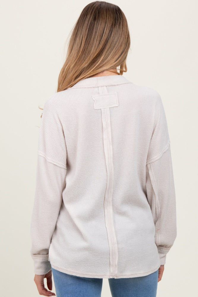 Beige Brushed Ribbed Knit Maternity Pullover