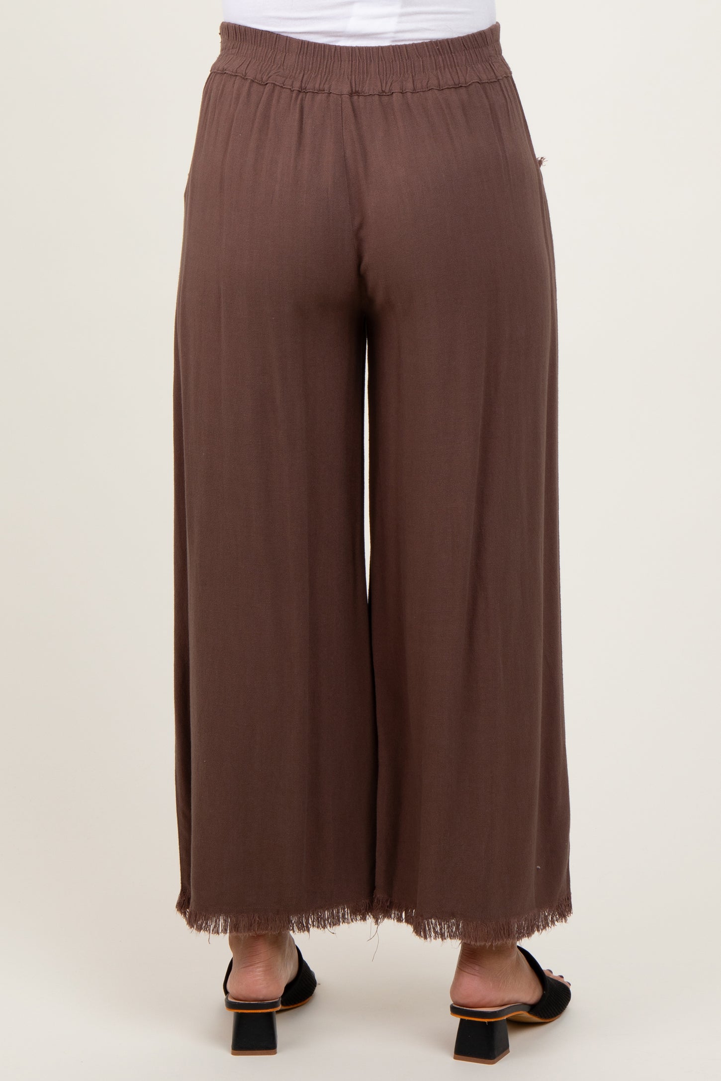 Brown Linen Frayed Hem Crop Maternity Pants