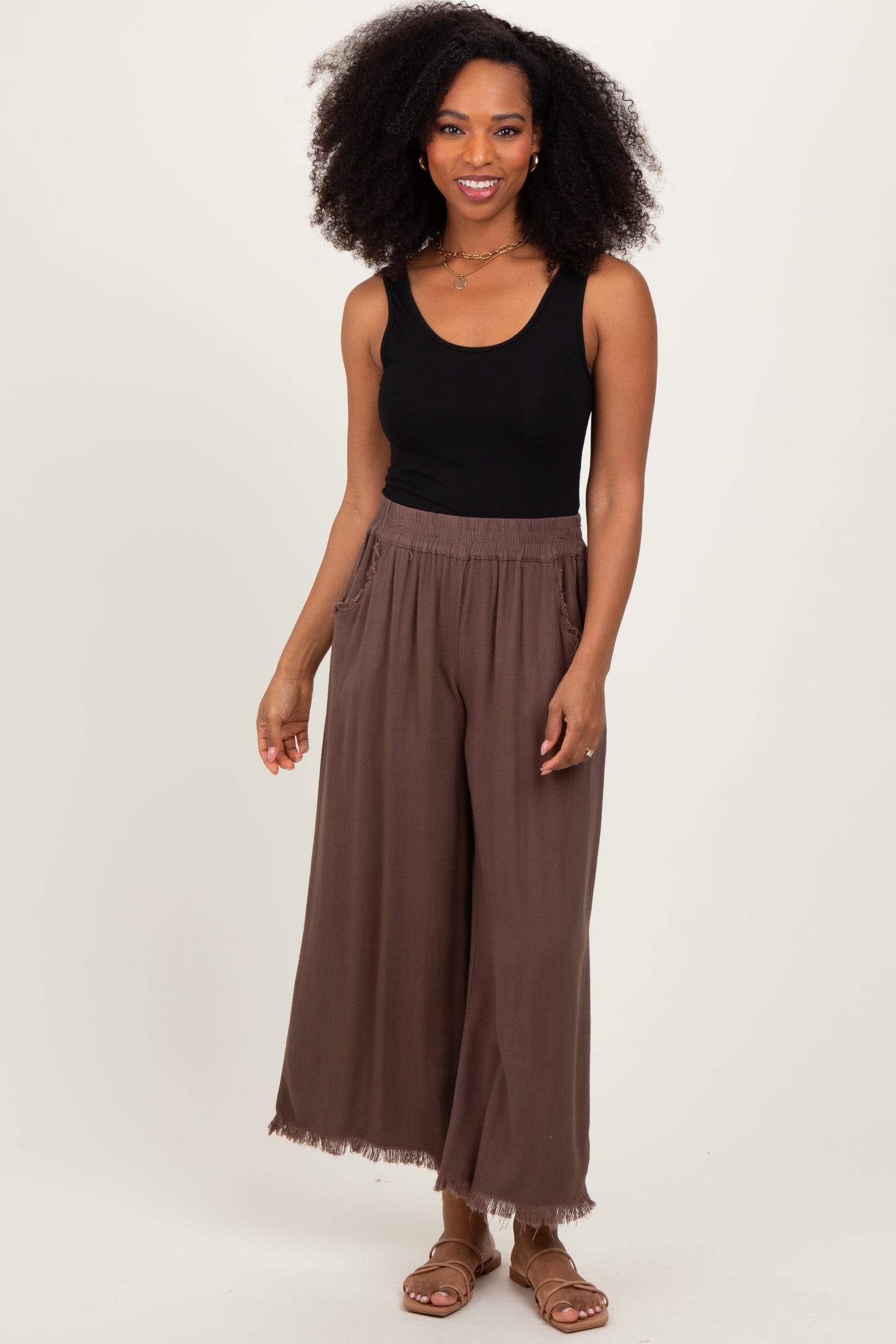 Brown Linen Frayed Hem Crop Pants