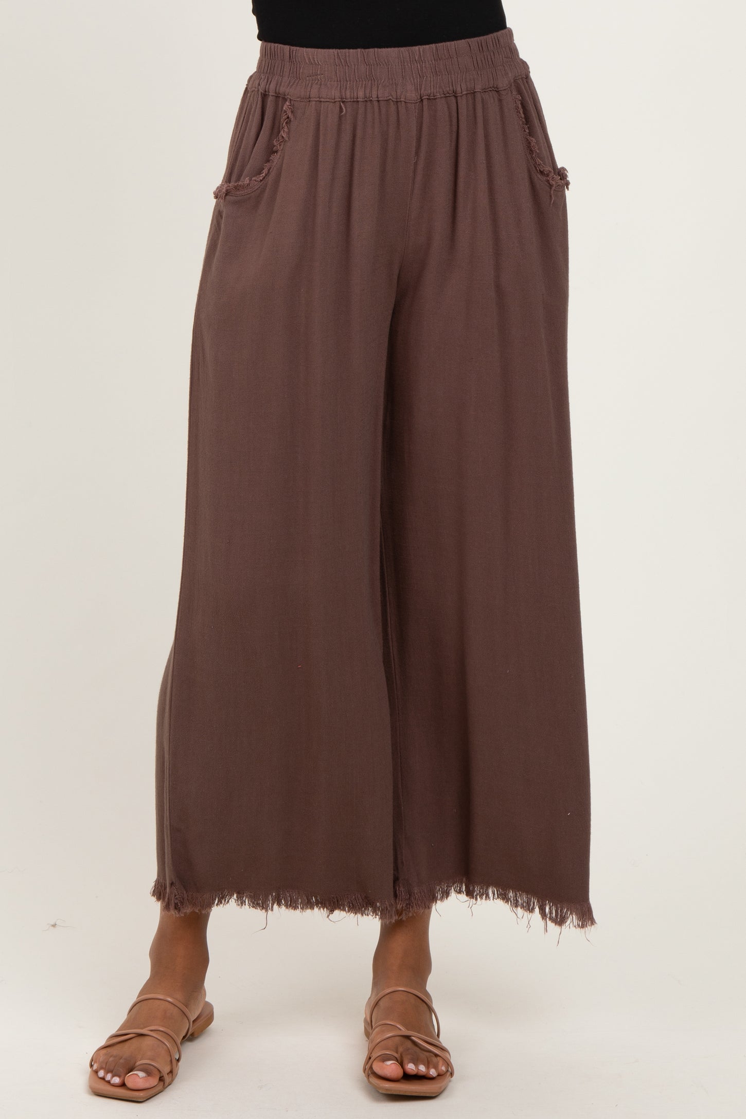 Brown Linen Frayed Hem Crop Pants