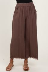 Brown Linen Frayed Hem Crop Pants