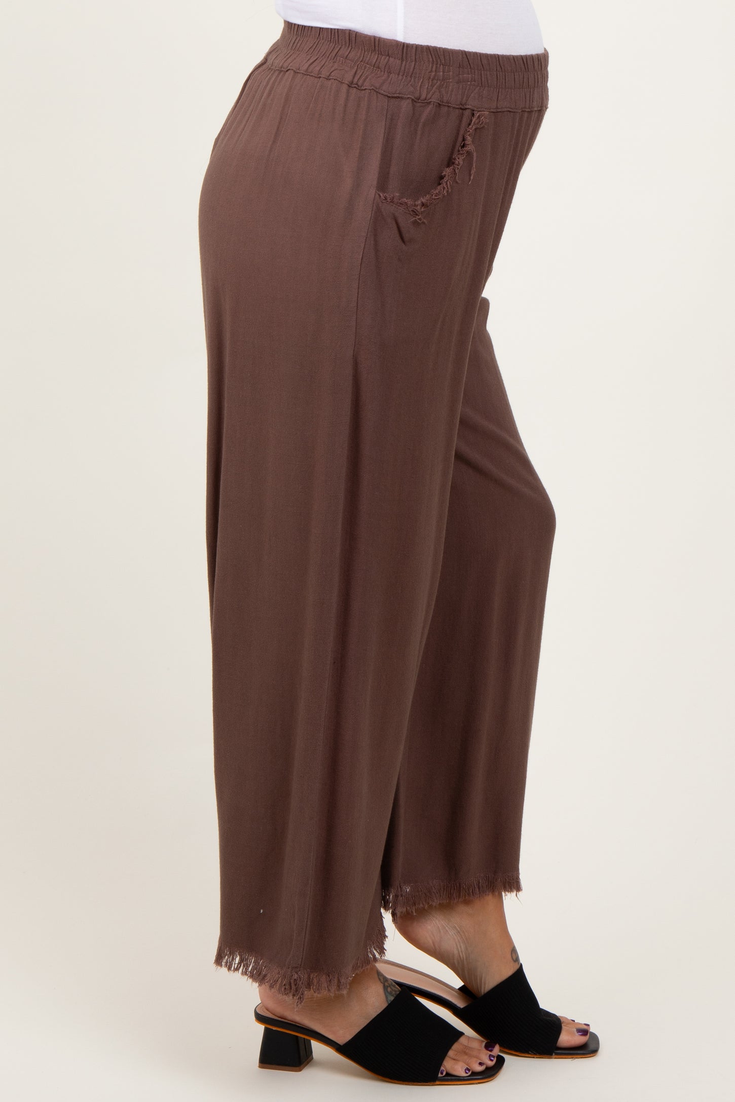 Brown Linen Frayed Hem Crop Maternity Pants