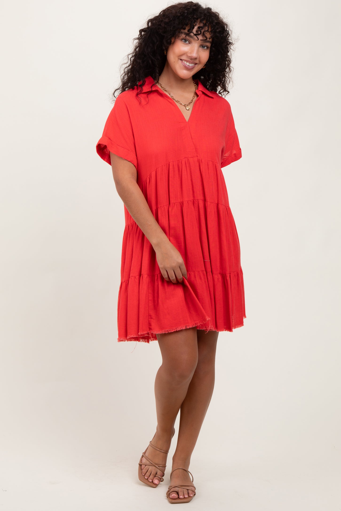 Coral Tiered Linen Dress