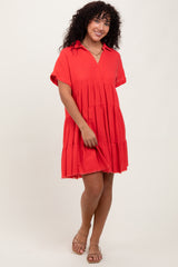 Coral Tiered Linen Dress