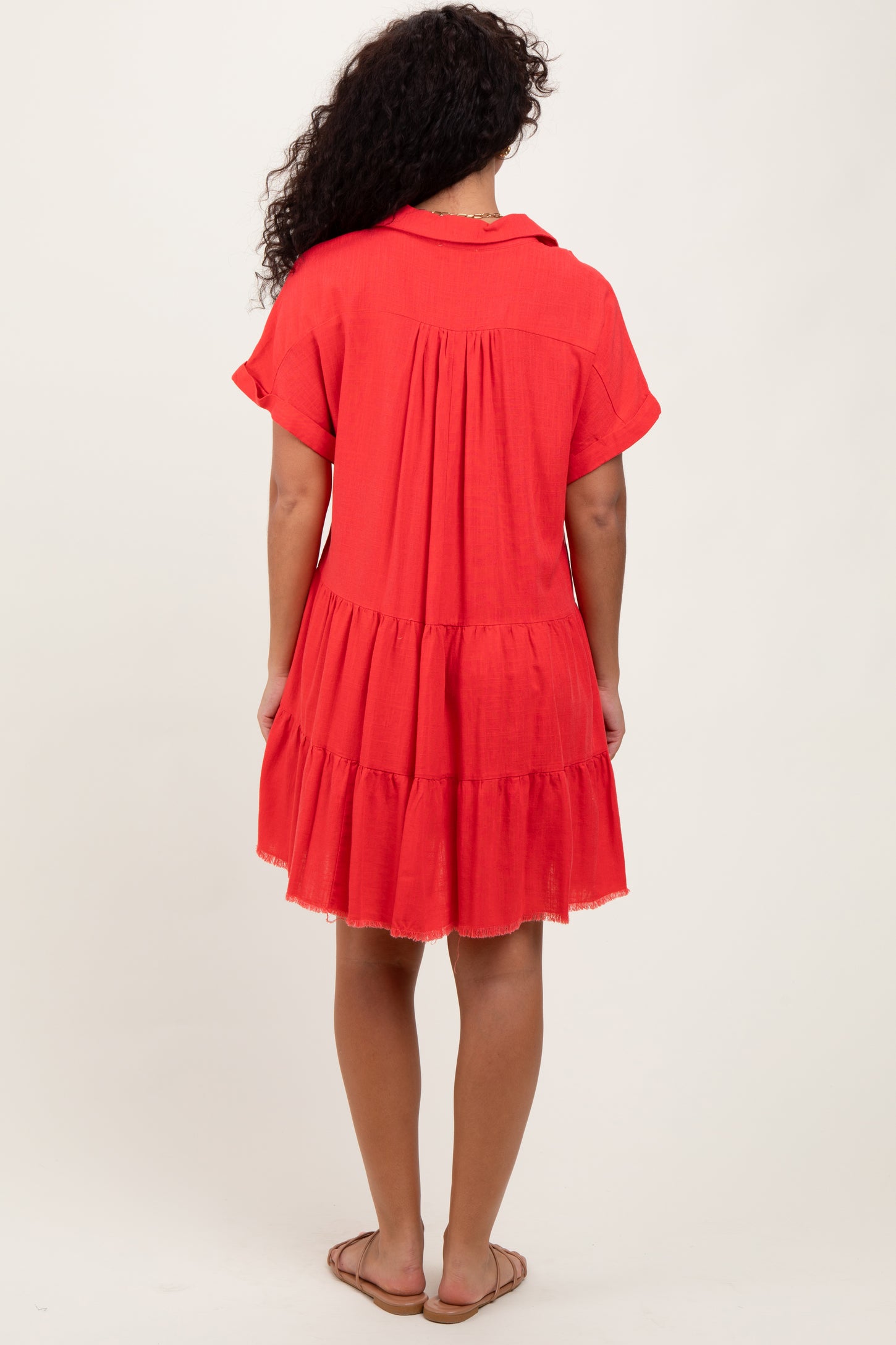 Coral Tiered Linen Dress