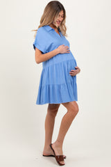 Blue Tiered Linen Maternity Dress