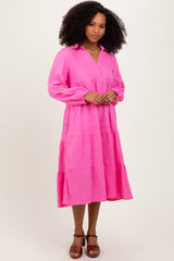 Fuchsia Light Weight Collared Tiered Maternity Midi Dress