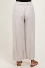 Cream Striped Drawstring Linen Blend Wide Leg Pants