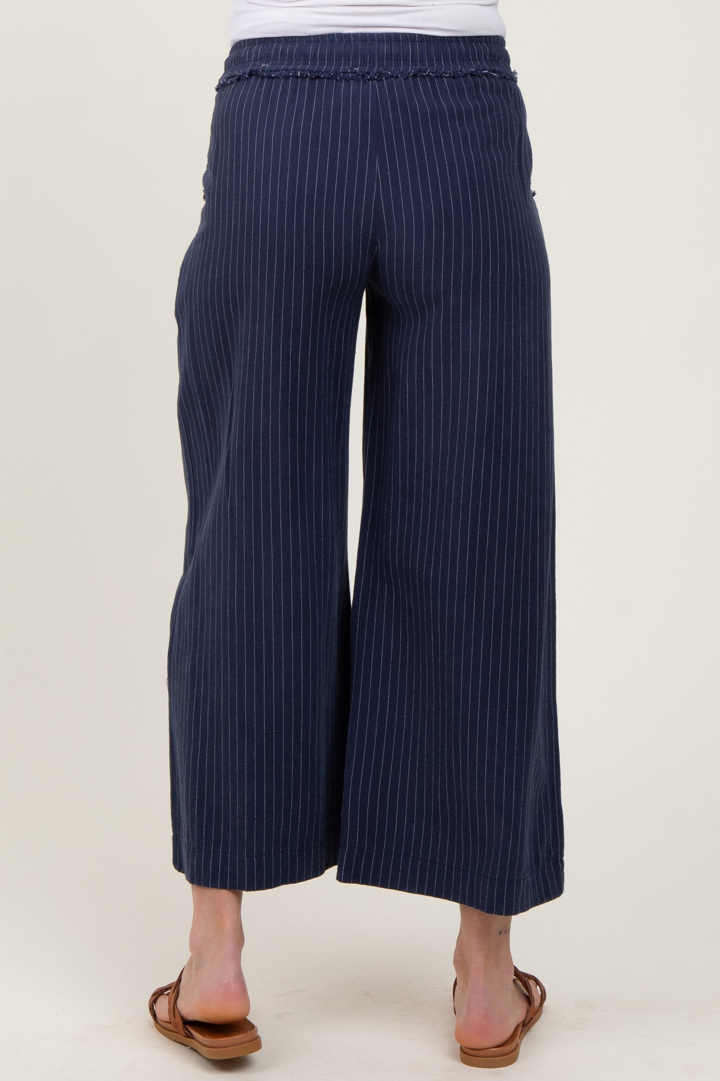 Navy Striped Drawstring Linen Blend Maternity Wide Leg Pants