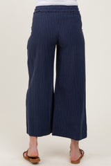 Navy Striped Drawstring Linen Blend Maternity Wide Leg Pants
