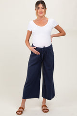 Navy Striped Drawstring Linen Blend Maternity Wide Leg Pants
