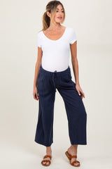 Navy Striped Drawstring Linen Blend Maternity Wide Leg Pants