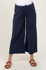 Navy Striped Drawstring Linen Blend Maternity Wide Leg Pants