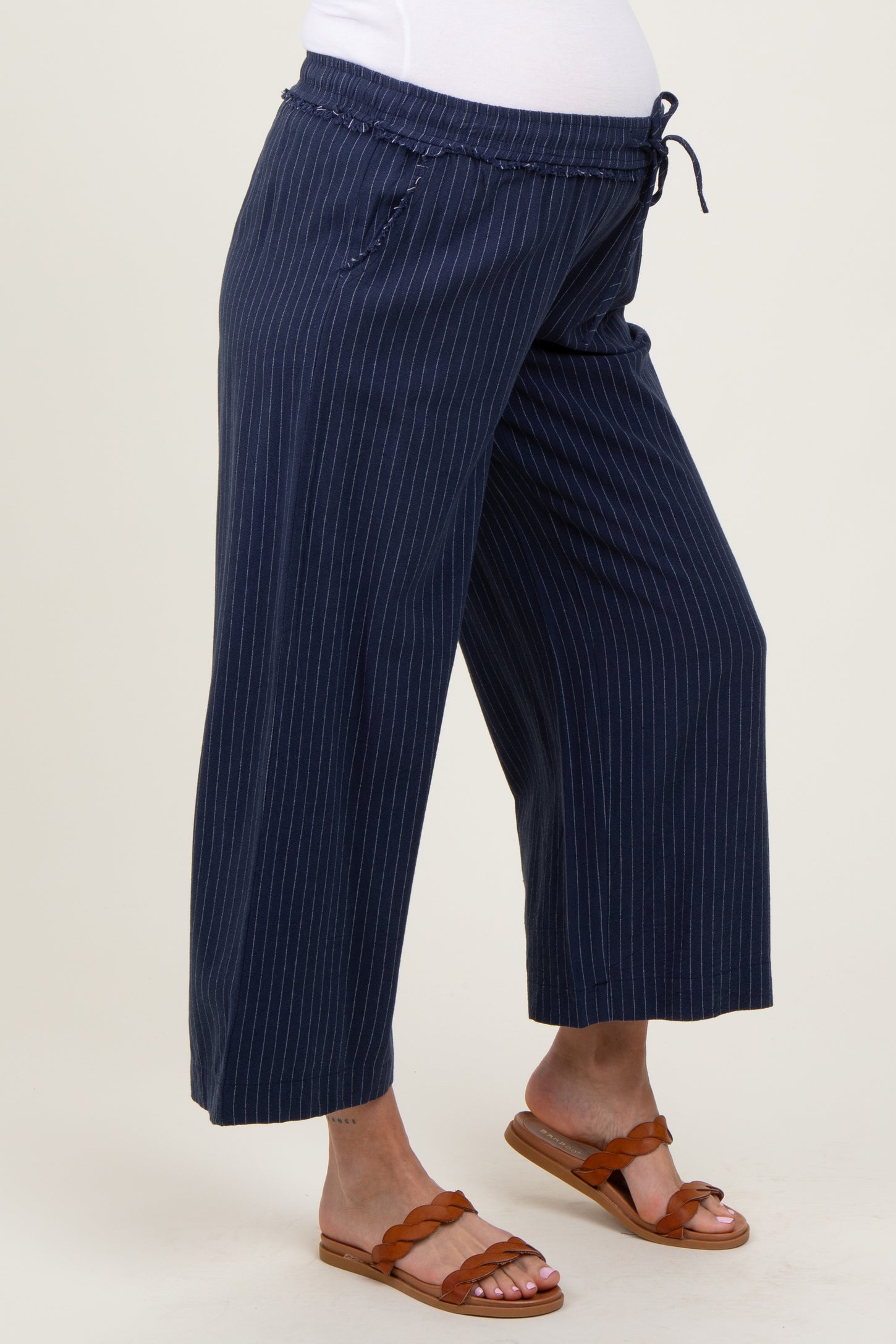 Navy Striped Drawstring Linen Blend Maternity Wide Leg Pants