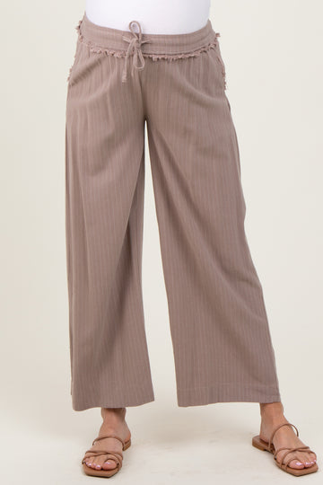 Mocha Striped Drawstring Linen Blend Maternity Wide Leg Pants