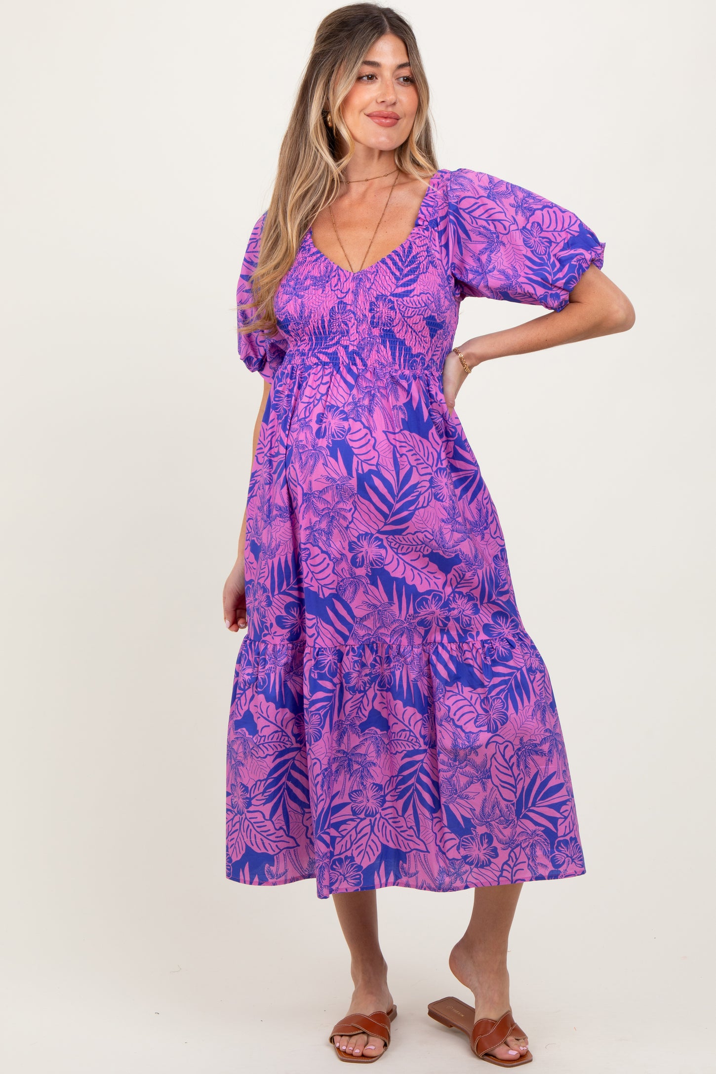 Magenta Tropical Floral Smocked Tie Back Maternity Maxi Dress
